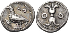 BRUTTIUM. Lokroi Epizephyrioi. Circa 375-330 BC. Diobol (Silver, 11 mm, 0.80 g, 3 h). ΛΟ Eagle with closed wings standing to left; in the field to lef...