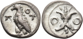 BRUTTIUM. Lokroi Epizephyrioi. Circa 375-330 BC. Diobol (Silver, 11 mm, 0.73 g, 12 h). ΛΟ - Κ ( retrograde ) Eagle standing left, with closed wings; c...
