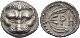 BRUTTIUM. Rhegion. Circa 415/10-387 BC. Litra (Silver, 10 mm, 0.68 g, 4 h). Lion’s mask facing; border of dots. Rev. PH Olive sprig, with two leaves a...