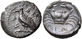 SICILY. Akragas. Circa 450-446/39 BC. Litra (Silver, 10 mm, 0.61 g, 10 h). ΑΚ - RΑ Eagle, with closed wings, standing left on Ionic column capital (in...