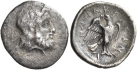 SICILY. Akragas. 278-276 BC. Obol (Silver, 12 mm, 0.70 g, 3 h). Bearded head of Dionysos to right, wearing ivy wreath. Rev. ΑΚΡΑΓΑΝΤ-Ι-ΝΩΝ Eagle stand...