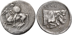 SICILY. Gela. Circa 430-425 BC. Litra (Silver, 14 mm, 0.68 g, 2 h). Helmeted cavalryman riding to left, holding a spear and a round shield. Rev. ΓΕΛΑΣ...