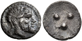 SICILY. Himera. Circa 455-430/25 BC. Tetras or Trionkion (Silver, 6.5 mm, 0.17 g). Bearded male head to right, with a goat's ear and horns. Rev. Three...
