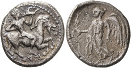 SICILY. Himera. Circa 420-415 BC. Hemidrachm (Silver, 15.5 mm, 1.99 g, 12 h). Ι-Μ-Ε-ΡΑ-[ΙΟ-Ν] Nude youth (Pan?) riding goat to right, holding a keryke...