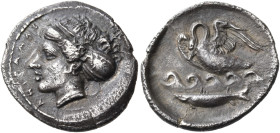 SICILY. Kamarina. Circa 410-405 BC. Litra (Silver, 13 mm, 0.83 g, 12 h). ΚΑΜΑΡΙΝΑ ( retrograde and outwards ) Head of the nymph Kamarina to left, wear...