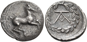 SICILY. Kampanoi - Campanian mercenaries. 357-345 BC. Litra (Silver, 12 mm, 0.77 g, 6 h), Tauromenion. Horse galloping right, with his bridle hanging ...