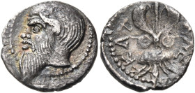 SICILY. Katane. Circa 461-450 BC. Litra (Silver, 11 mm, 0.71 g, 9 h). Head of Silenos to left, balding, with an animal ear, and a long beard extending...