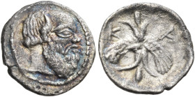 SICILY. Katane. Circa 450-415/3 BC. Hemilitron or Hexonkion (Silver, 9.5 mm, 0.21 g, 11 h). Head of Silenos to right, balding, bearded and with an ani...