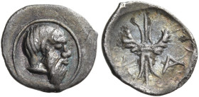 SICILY. Katane. Circa 450-415/3 BC. Hexas or Dionkion (Silver, 7 mm, 0.11 g, 11 h). Bearded head of Silenos to right, partially bald and with an anima...