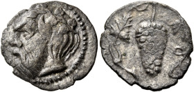 SICILY. Katane. Circa 430-415/3 BC. Litra (Silver, 12 mm, 0.64 g, 9 h). Head of Silenos to left, wearing ivy wreath. Rev. Grape bunch on vine. Buceti ...