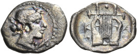 SICILY. Katane. Circa 415-412 BC. Tetras or Trionkion (Silver, 8.5 mm, 0.18 g, 12 h). Laureate head of Apollo to right, with long hair tied up into a ...
