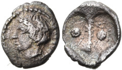 SICILY. Katane. Circa 415-412 BC. Hexas or Dionkion (Silver, 6 mm, 0.15 g). Horned head of Amenanos to left, wearing taenia. Rev. [Κ-Α] Vertical thund...