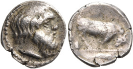 SICILY. Katane. Circa 405-403/2 BC. Obol (Silver, 11 mm, 0.85 g, 12 h). Bearded head of Silenos to right, balding and with an animal ear. Rev. [ΚΑΤΑΝΑ...