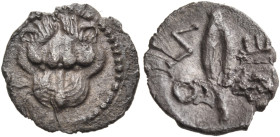 SICILY. Leontinoi. Circa 476-466 BC. Hemiobol (Silver, 9 mm, 0.37 g, 2 h). Lion's scalp facing; border of dots. Rev. ΛΕ - ΟΝ ( partially retrograde Ba...