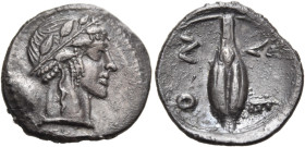 SICILY. Leontinoi. Circa 476-466 BC. Obol (Silver, 12 mm, 0.65 g, 5 h). Laureate head of Apollo to right; border of dots. Rev. VΕ - ΟΝ Upright grain o...