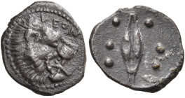 SICILY. Leontini. Circa 455-430 BC. Hemilitra or Hexonkia (Silver, 10 mm, 0.37 g, 3 h). VΕΟΝ Lion's head to right, with open jaws; border of dots. Rev...