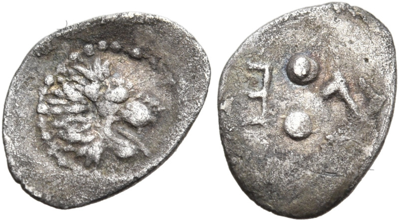 SICILY. Leontini. Circa 455-430 BC. Hexas (Silver, 7.5 mm, 0.11 g, 6 h). Lion's ...