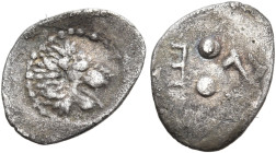 SICILY. Leontini. Circa 455-430 BC. Hexas (Silver, 7.5 mm, 0.11 g, 6 h). Lion's head right, with open jaws; border of dots. Rev. V - Ε Two pellets. Bo...