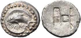 SICILY. Messana (as Zankle). Circa 525-494 BC. Litra (Silver, 11.5 mm, 0.73 g). DΑΝΚ Rather plump looking dolphin swimming to left within the crescent...