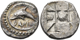 SICILY. Messana (as Zankle). Circa 525-494 BC. Litra (Silver, 11 mm, 0.69 g). DΑΝΚVΕ Dolphin swimming to left within the crescent-shaped harbour of Za...