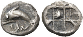 SICILY. Messana (as Zankle). Circa 525-494 BC. Hexas (Silver, 6 mm, 0.10 g). DΑΝ Dolphin swimming to left within the crescent-shaped harbour of Zankle...