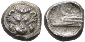 SICILY. Messana (as Zankle). Samian occupation, 493-488 BC. Tetartemorion (Silver, 5.5 mm, 0.25 g, 6 h). Lion's scalp facing. Rev. Prow of a Samana ga...