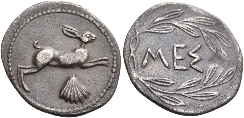 SICILY. Messana. 420-413 BC. Litra (Silver, 14 mm, 0.73 g, 4 h). Hare spring to ...