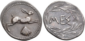 SICILY. Messana. 420-413 BC. Litra (Silver, 14 mm, 0.73 g, 4 h). Hare spring to right; below, cockle shell; around, border of dots. Rev. ΜΕΣ with oliv...