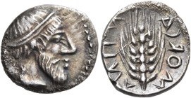 SICILY. Morgantina. Circa 465-459 BC. Litra (Silver, 11.5 mm, 0.74 g, 3 h). Male head to right, wearing taenia, long beard and moustache. Rev. ΜΟRCΑ-Ν...