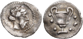 SICILY. Naxos. Circa 461-430 BC. Hemilitra or Hexonkia (Silver, 10 mm, 0.18 g, 10 h). Bearded head of Dionysos to right, wearing ivy wreath. Rev. Kant...