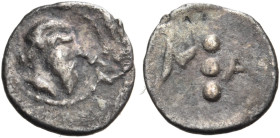 SICILY. Naxos. Circa 461-430 BC. Tetras or Trionkion (Silver, 7.5 mm, 0.14 g, 12 h). Bearded head of Dionysos to right. Rev. N-A three pellets, arrang...