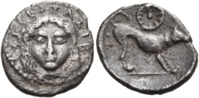 SICILY. Segesta. Circa 455/50-445/40 BC. Litra (Silver, 11 mm, 0.77 g, 9 h). ΣΕΓΕΣΤΑΖΙΒ Head of nymph facing, with her long hair falling down each sid...