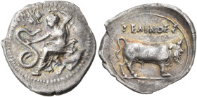 SICILY. Selinos. Circa 415-409 BC. Litra (Silver, 13 mm, 0.74 g, 4 h). Nymph seated to left on a rock; raising her veil over her head with her upraise...