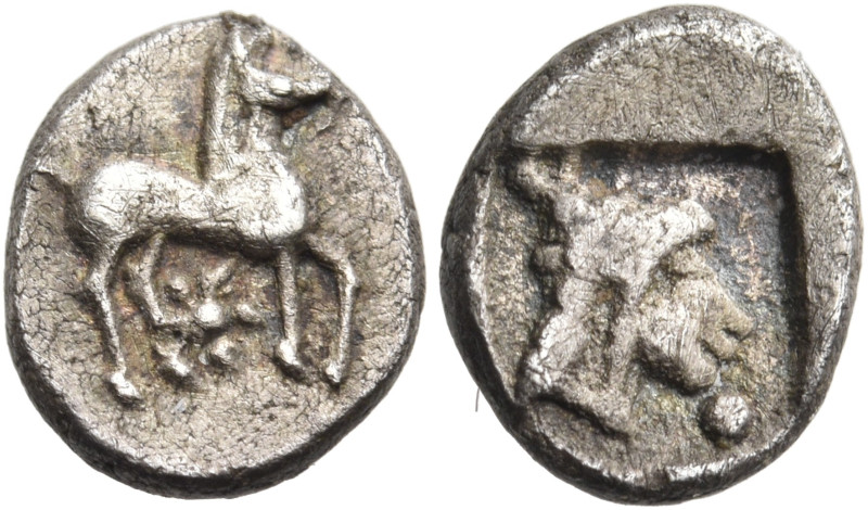 MACEDON. Potidaia. Circa 450-432 BC. Obol (Silver, 8.5 mm, 0.54 g, 12 h). Bridle...