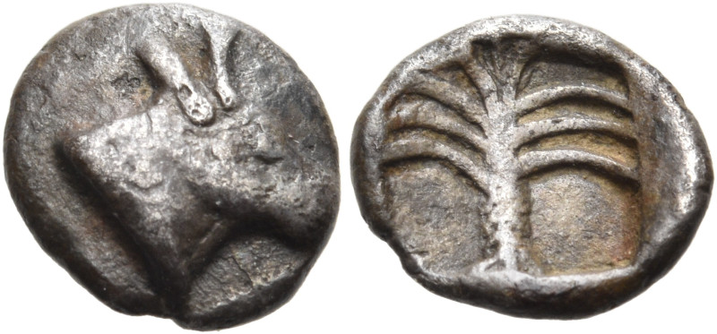 EUBOIA. Karystos. Circa 465 BC. Obol (Silver, 8 mm, 0.57 g, 9 h). Bull's head an...