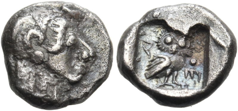 ATTICA. Athens. Circa 510-500/490 BC. Obol (Silver, 8 mm, 0.62 g, 9 h). Helmeted...