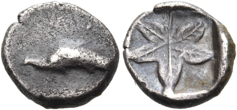 CARIA. Idyma. Circa 450-430 BC. Obol (Silver, 8 mm, 0.52 g, 4 h). Dolphin swimmi...