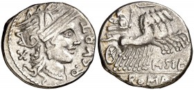 (hacia 116-115 a.C.). Gens Curtia. Denario. (Bab. 2) (Craw. 285/2). 3,85 g. MBC.