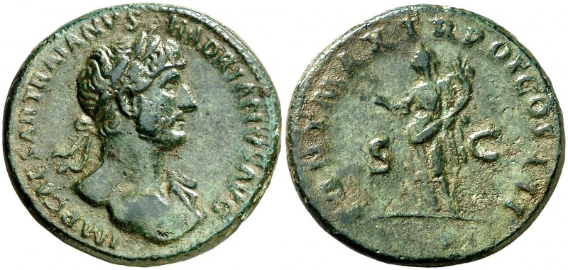 (121 d.C.). Adriano. As. (Spink falta) (Co. 1193) (RIC. 573b). 11,19 g. Pátina v...