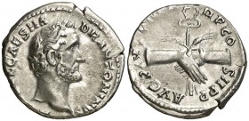 (139 d.C.). Antonino pío. Denario. (Spink 4059 var) (S. 100b) (RIC. 37). 3,23 g. EBC-.