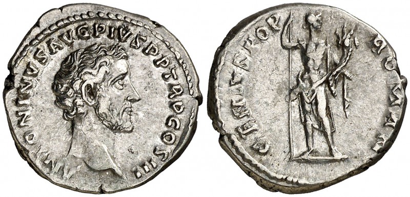 (141 d.C.). Antonino pío. Denario. (Spink 4085) (S. 405) (RIC. 70). 3,25 g. MBC+...