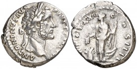(157-158 d.C.). Antonino pío. Denario. (Spink 4131) (S. 1038) (RIC. 274). 3,44 g. MBC+/MBC.