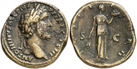 (143 d.C.). Antonino pío. Sestercio. (Spink 4181) (Co. 426) (RIC. 716a). 25,69 g. MBC+.