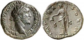 (143 d.C.). Antonino pío. As. (Spink falta) (Co. 533) (RIC. 738). 10,63 g. MBC+.