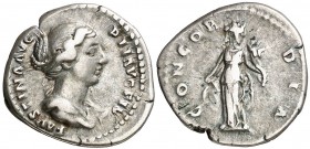 (154-156 d.C.). Faustina hija. Denario. (Spink 4703 var) (S. 42) (RIC. 500b, de Antonino pío). 3,08 g. MBC.