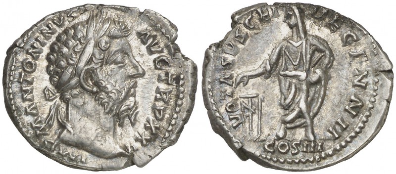 (171 d.C.). Marco Aurelio. Denario. (Spink 4956) (S. 1036) (RIC. 251). 3,31 g. M...