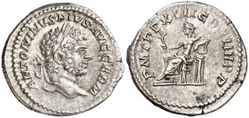 (214 d.C.). Caracalla. Denario. (Spink 6831) (S. 242) (RIC. 238A). 3,29 g. MBC+.