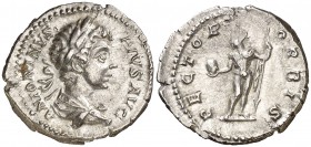 (201 d.C.). Caracalla. Denario. (Spink 6880 var) (S. 545) (RIC. 141). 3,30 g. EBC-/MBC+.