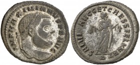 (299-303 d.C.). Maximiano Hércules. Cartago. Follis. (Spink 13306) (Co. 510) (RIC. 31b). 10,15 g. Parte del plateado original. EBC.
