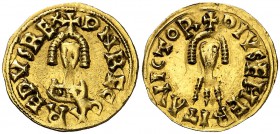 Recaredo I (586-601). Emérita (Mérida). Triente. (CNV. 104) (R.Pliego 113a). 1,46 g. Rara. MBC.